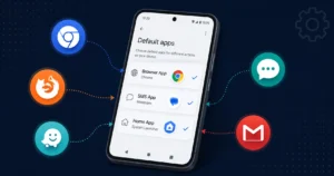 how-to-change-default-apps-android-complete-guide Android phone showing Default Apps settings menu with browser messaging and maps app options available to switch