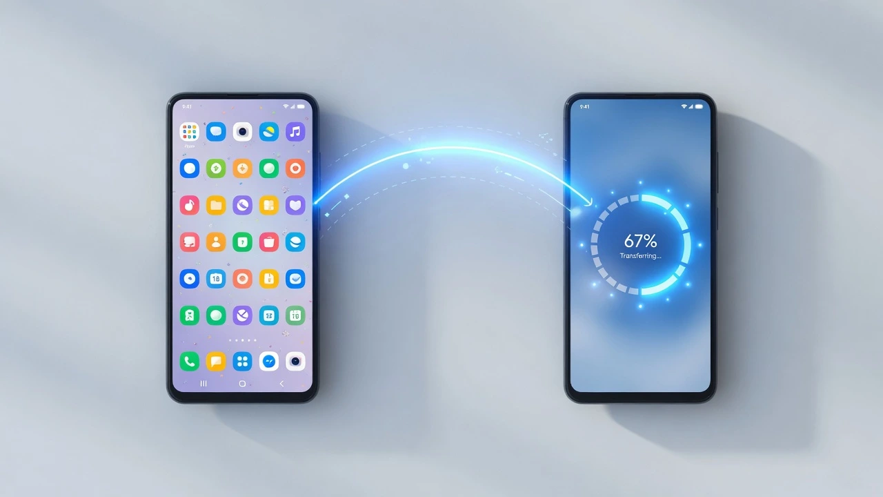 Two smartphones side by side with a wireless data transfer arc showing how to clone a cell phone