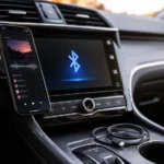 Smartphone connected to a car infotainment system showing Bluetooth connection screen with a USB cable in the center console