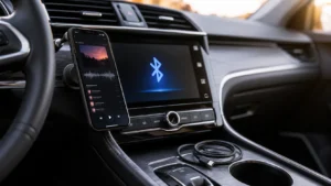 Smartphone connected to a car infotainment system showing Bluetooth connection screen with a USB cable in the center console