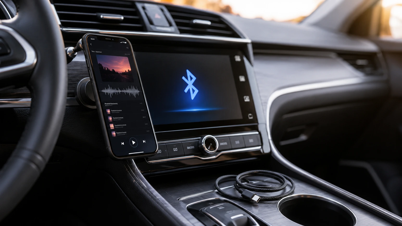 Smartphone connected to a car infotainment system showing Bluetooth connection screen with a USB cable in the center console