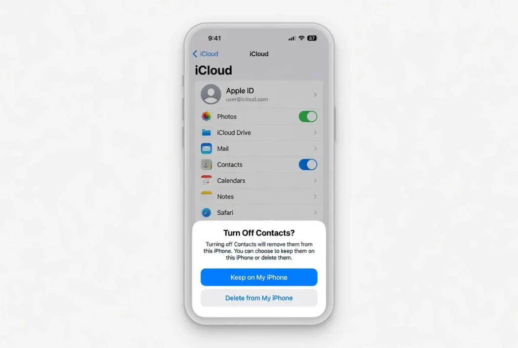 iPhone showing iCloud Settings with Contacts toggle turned off and popup asking to Keep on My iPhone or Delete from My iPhone