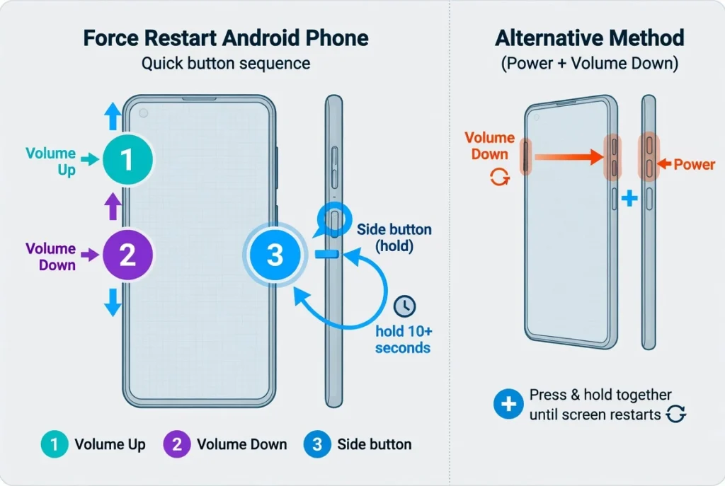 Diagram showing numbered button press sequence for force restarting iPhone with Volume Up, Volume Down, then Side button, alongside Android Power and Volume Down combination