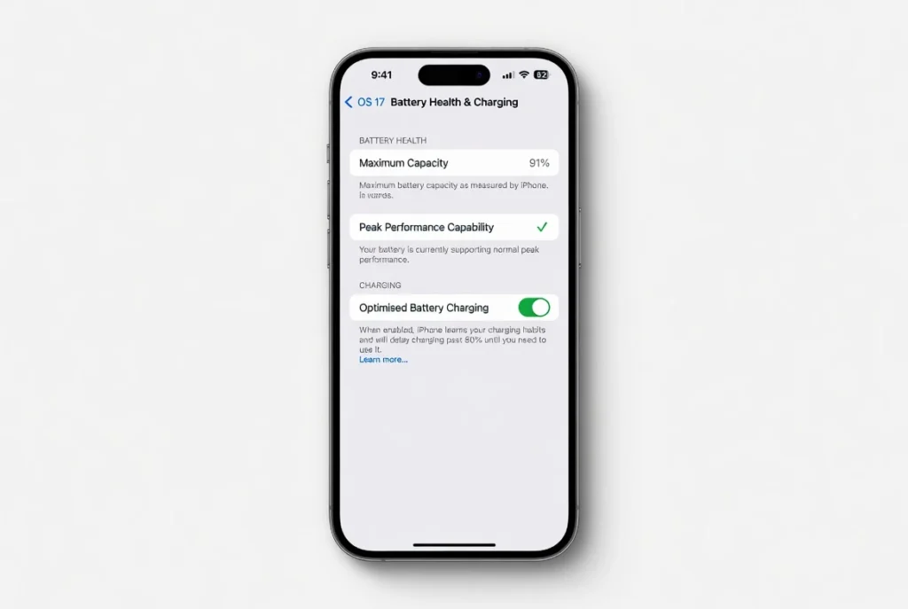 iPhone settings screen showing Battery Health and Charging page with Maximum Capacity percentage and Optimised Battery Charging toggle switch turned on