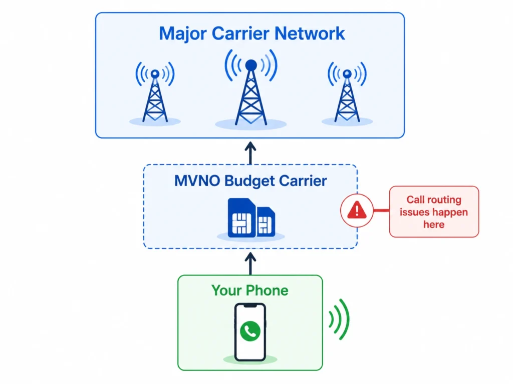 Diagram showing how MVNO budget carriers route calls through major carrier networks, with a callout indicating where call routing issues can occur