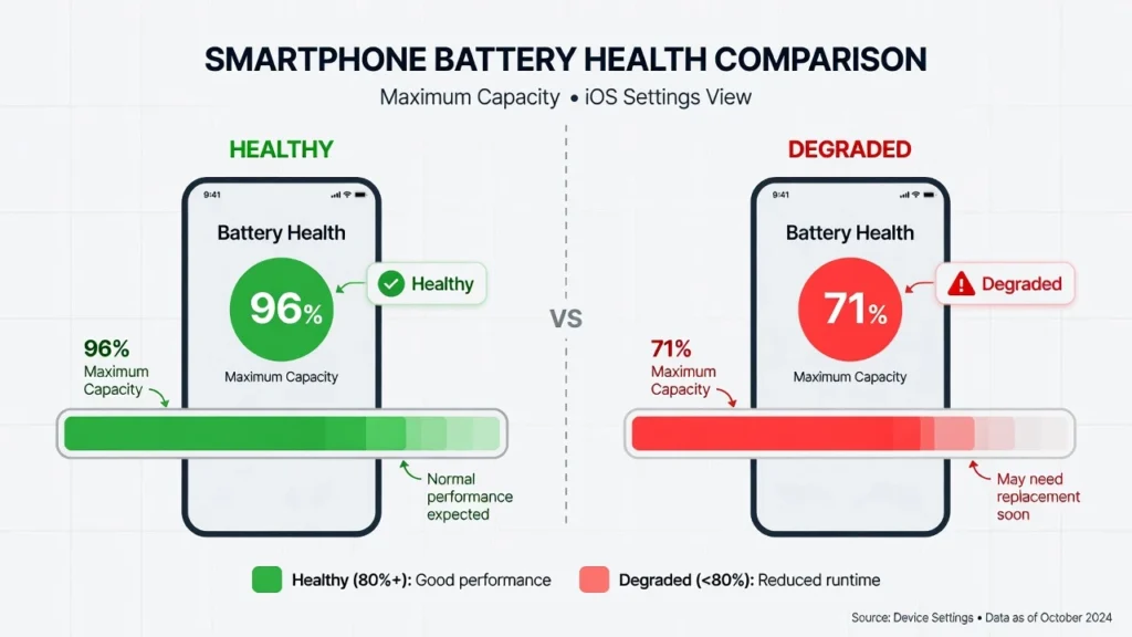 Side-by-side comparison showing healthy phone battery at 96% maximum capacity versus degraded battery at 71% capacity below the 80% replacement threshold