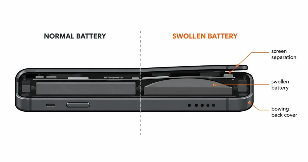 Diagram showing side profile of smartphone with swollen battery causing back cover to bow outward and screen to lift from the frame

