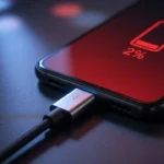 Close-up of USB-C charging cable connected to smartphone showing low battery warning on screen against dark background