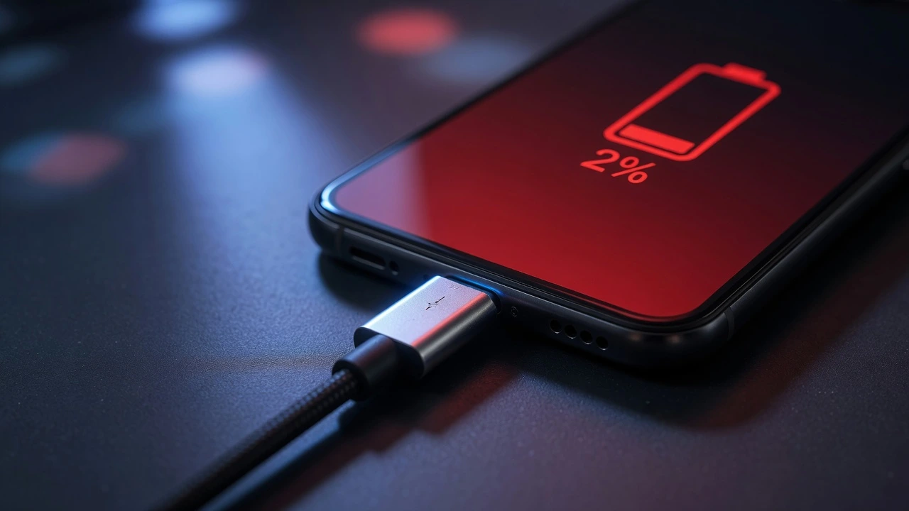 Close-up of USB-C charging cable connected to smartphone showing low battery warning on screen against dark background