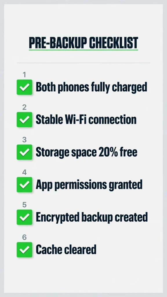 Pre-cloning checklist showing six preparation steps including charging both phones, stable Wi-Fi and storage space requirements