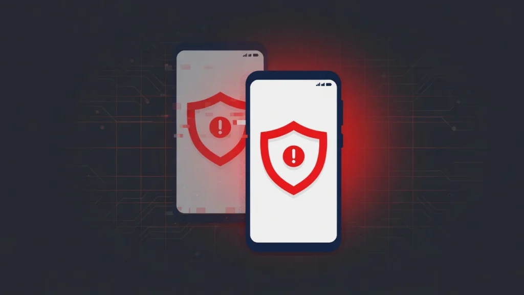 Smartphone with a red security warning shield icon illustrating the risks of unauthorized phone cloning and identity theft