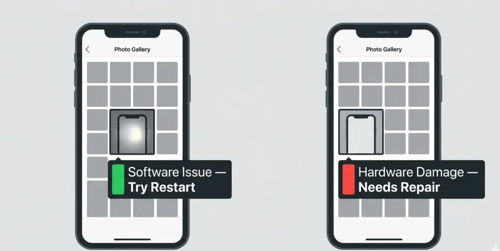 Two-panel illustration showing how to use a screenshot test to determine if a phone screen bright spot is a software issue or hardware damage