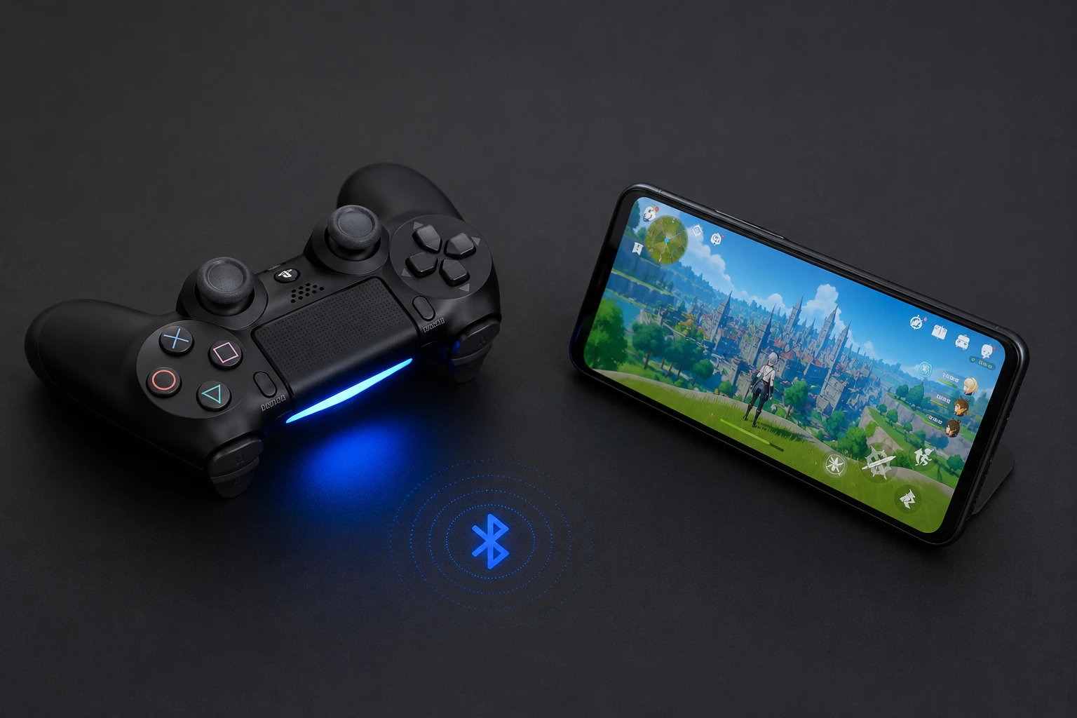 PS4 DualShock 4 controller with glowing blue light bar placed next to a smartphone showing a mobile game, connected via Bluetooth