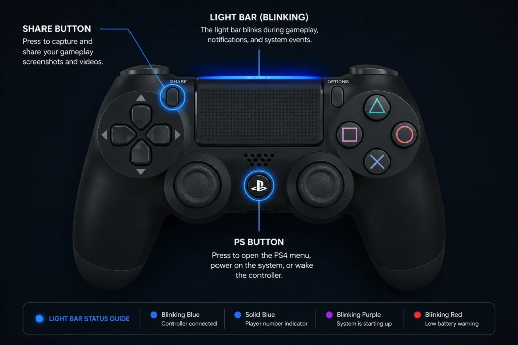 Diagram of PS4 DualShock 4 controller with PS button and Share button highlighted, showing which buttons to hold simultaneously to enter Bluetooth pairing mode