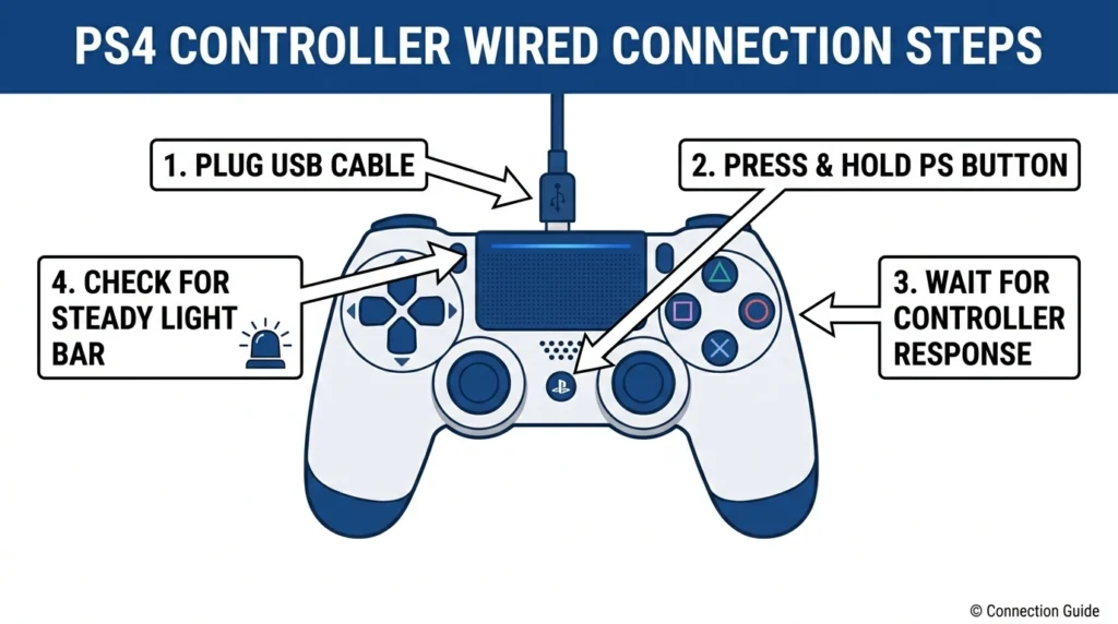 Diagram showing PS4 DualShock 4 controller connected via USB cable to PS4 console front port to re-establish wireless Bluetooth pairing