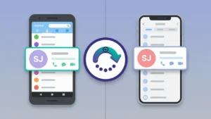 Illustration of Android and iPhone showing contacts app recovery interface with restore icon