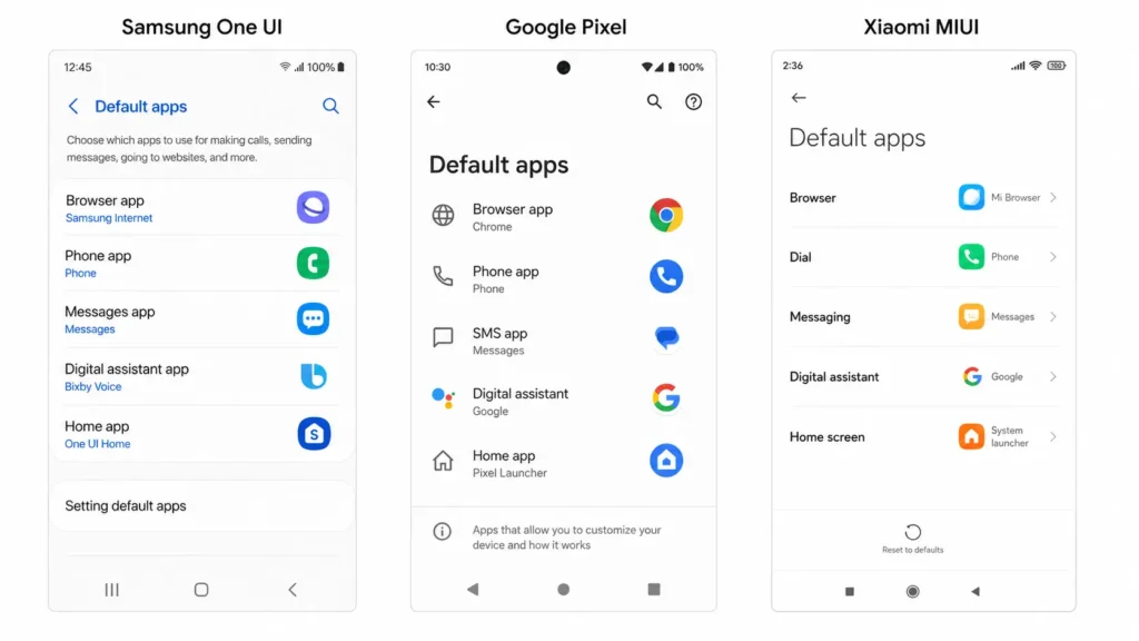 Side-by-side comparison of Default Apps settings screens on Samsung One UI, Google Pixel stock Android, and Xiaomi MIUI showing different menu locations