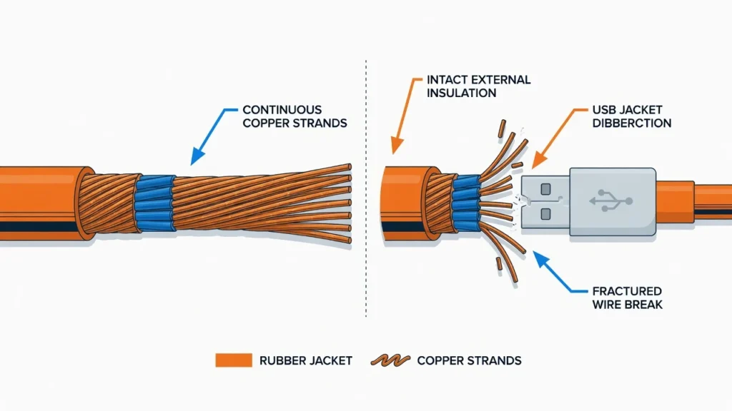 Diagram showing cross-section of intact USB charging cable versus one with fractured internal copper wire while the outer insulation appears undamaged