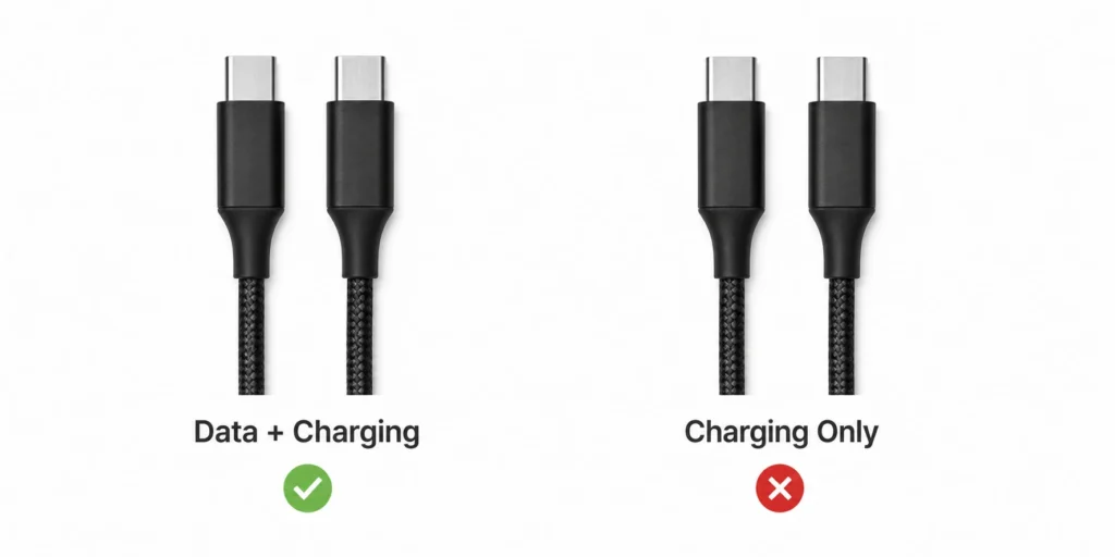 Side-by-side comparison of USB data cable and charging-only cable showing the difference for connecting phone to computer
