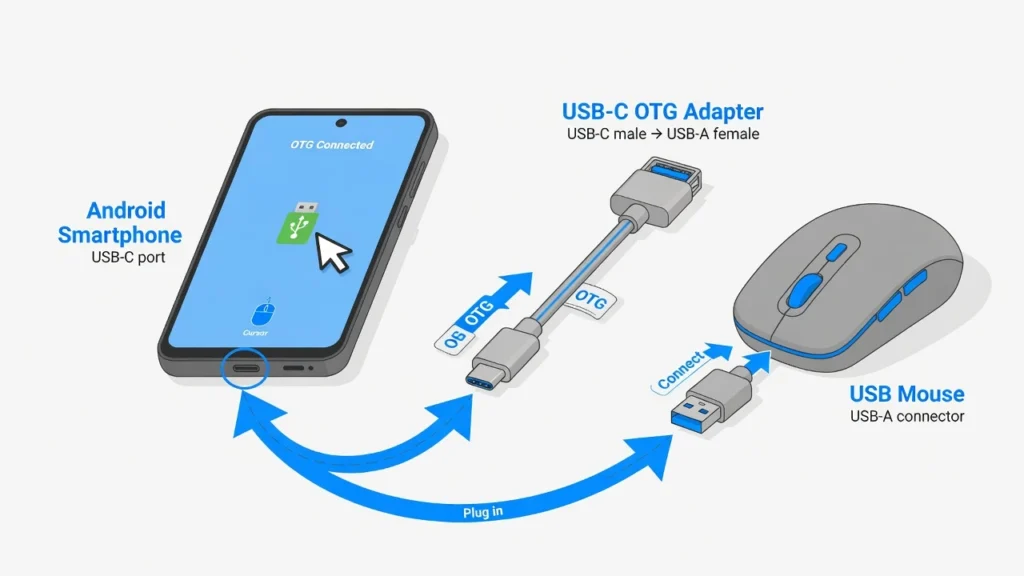 Illustration showing USB OTG adapter connecting a damaged Android phone to a USB mouse, enabling touchscreen-free navigation for photo recovery
