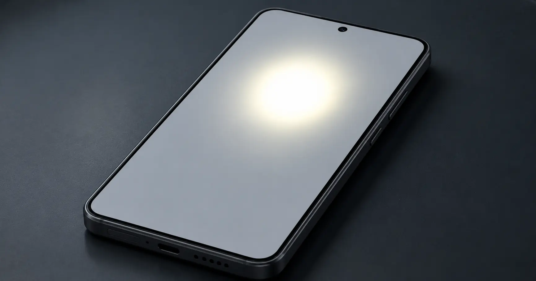 Smartphone screen displaying a bright spot — a hazy overexposed white patch on an otherwise normal phone display
