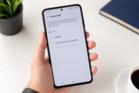 Android phone displaying Private DNS settings screen for blocking websites, held in person's hand on clean desk workspace