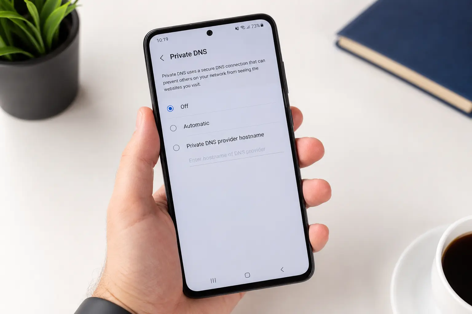 Android phone displaying Private DNS settings screen for blocking websites, held in person's hand on clean desk workspace