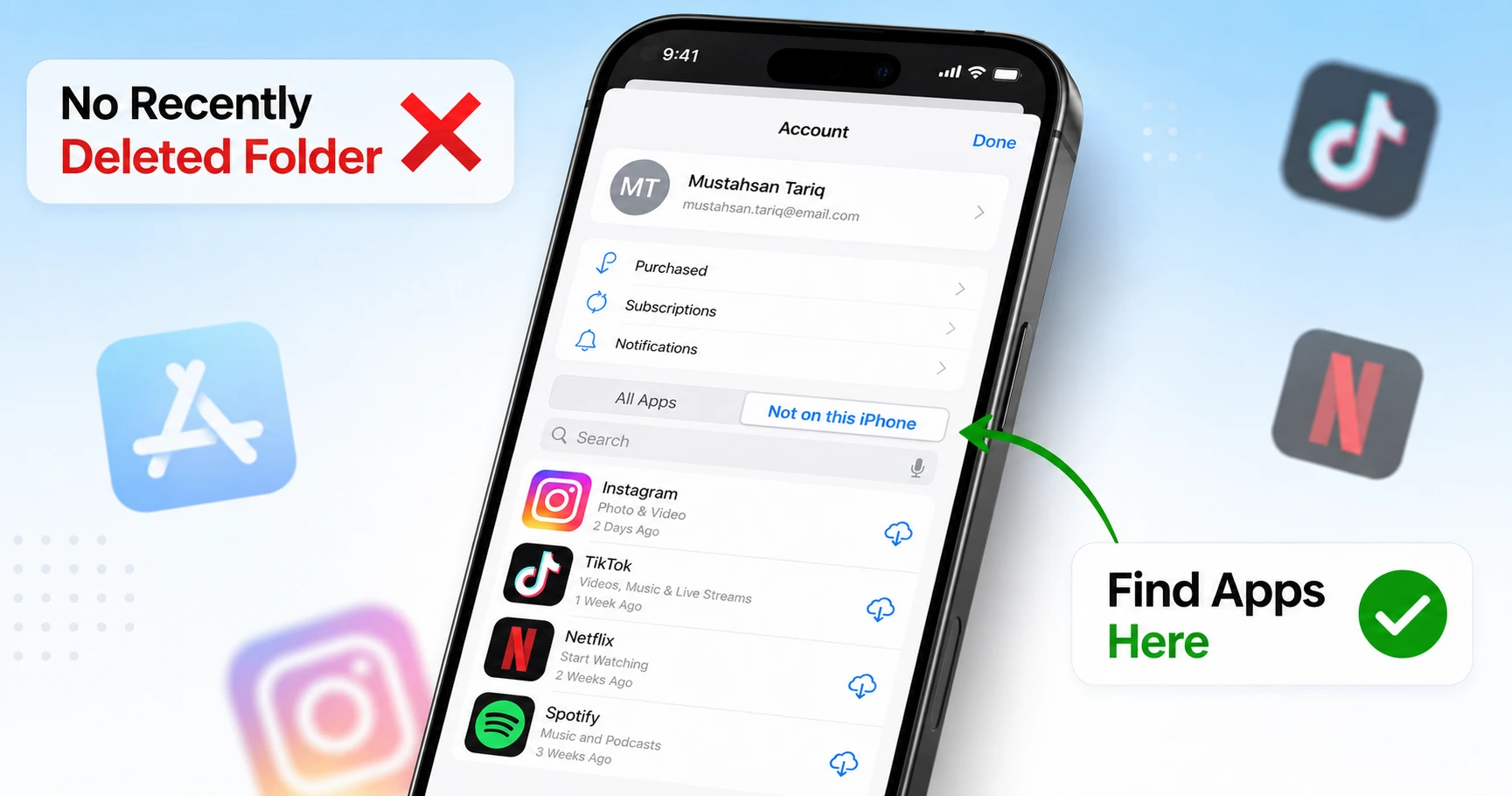 iPhone showing App Store Not on this iPhone section to find recently deleted apps without Recently Deleted folder